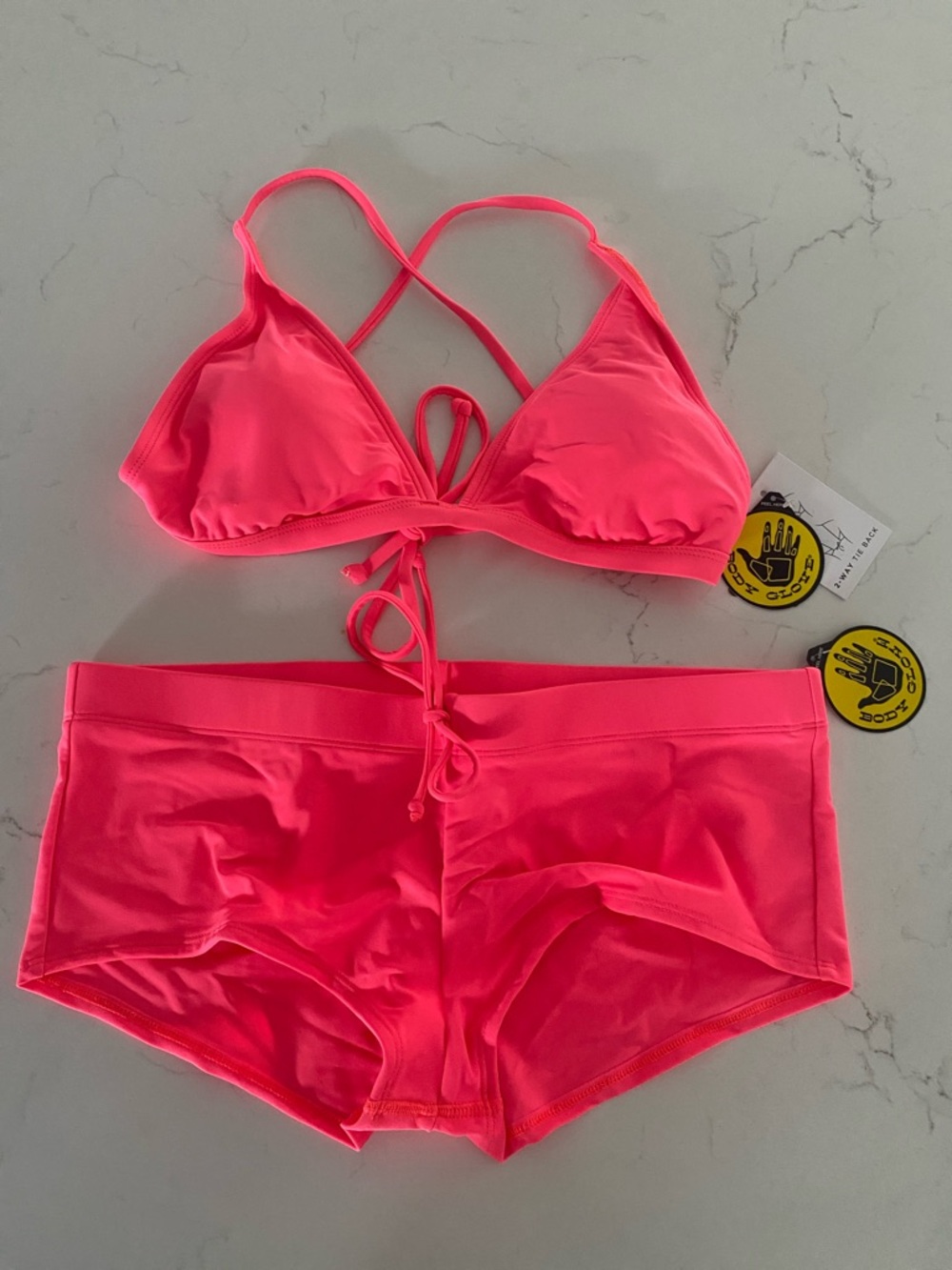 New Body Glove Neon Pink Triangle Bikini Top with Swim Shorts